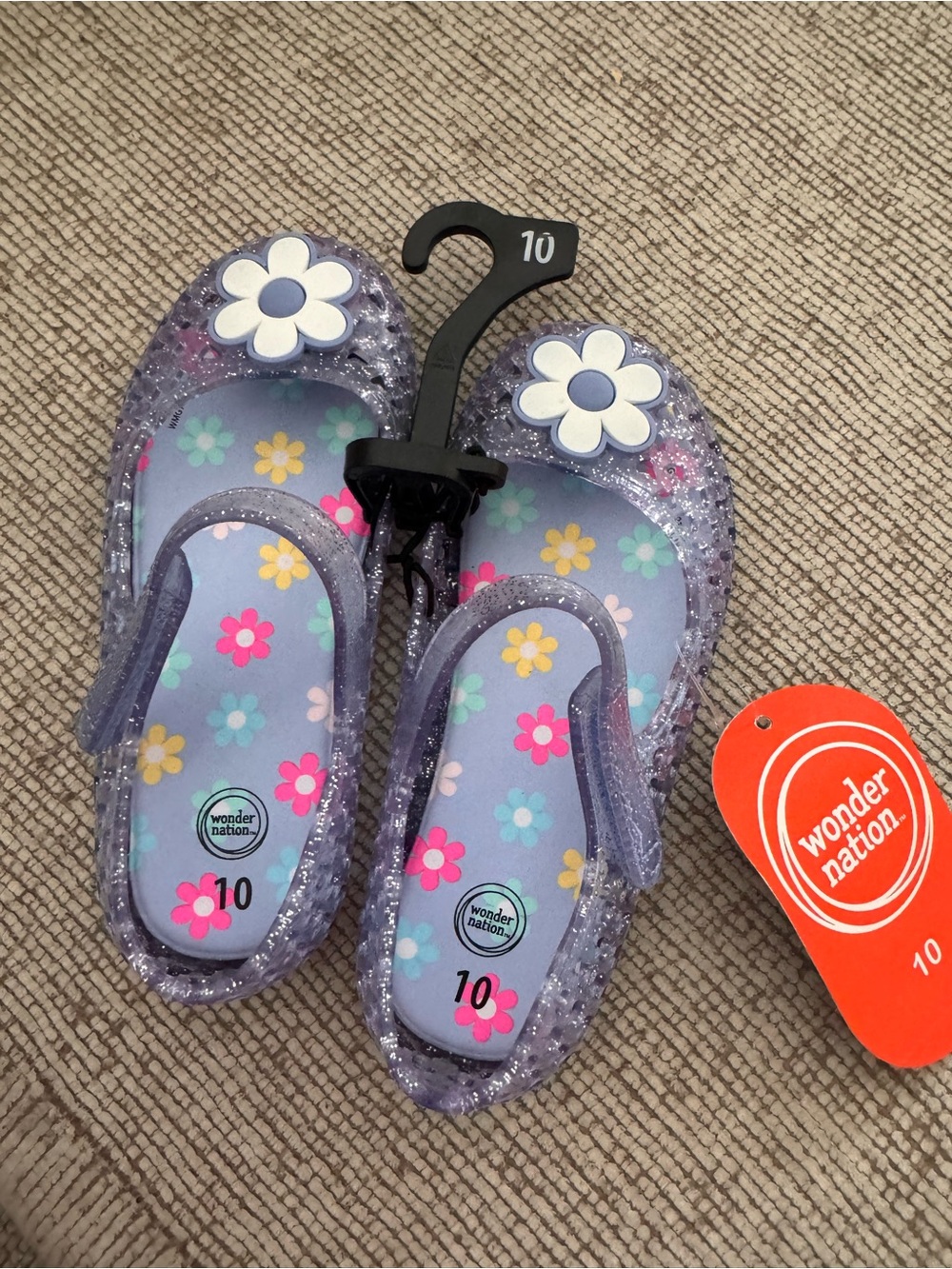 wonder nation Purple Glitter Floral Jelly Sandals with White Flower Accent
